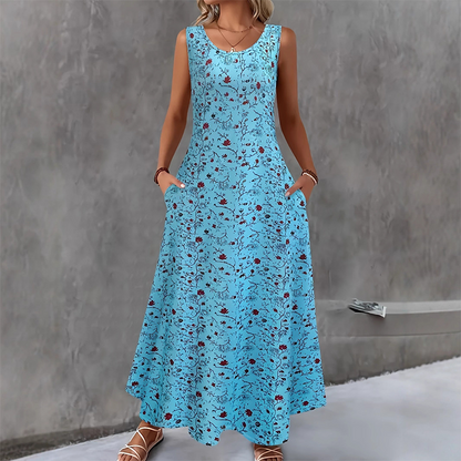 ⏰🍂Autumn Early Bird Sale-Women's Floral Print Sleeveless Maxi Dress with Pockets