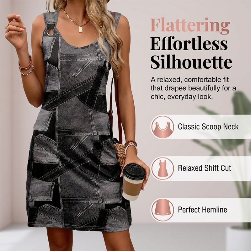 Women's Faux Denim Printed Sleeveless Dress
