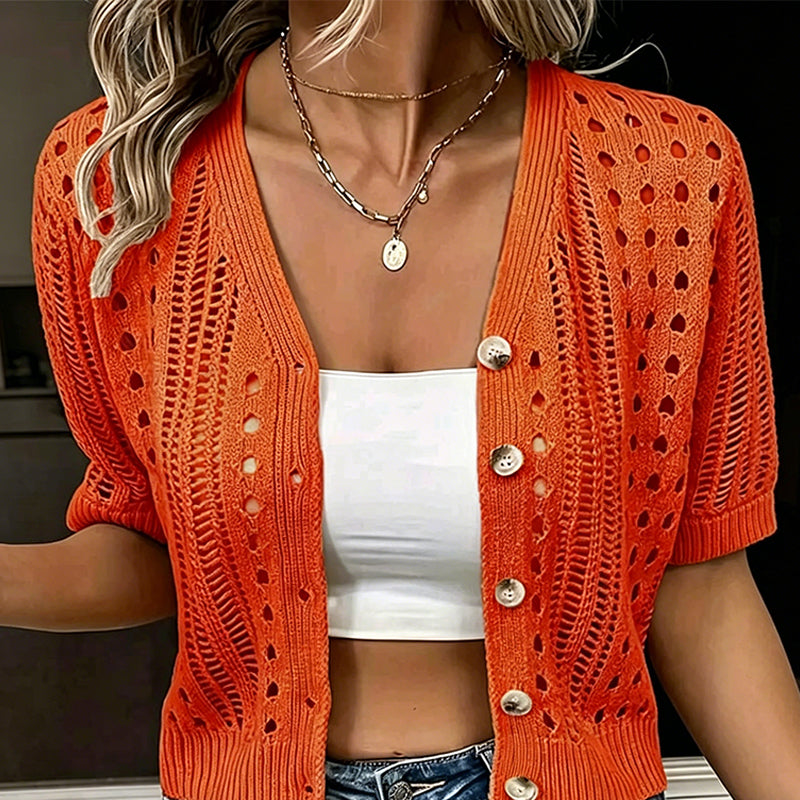Women's Short Sleeve Hollow-Out Knit Cardigan