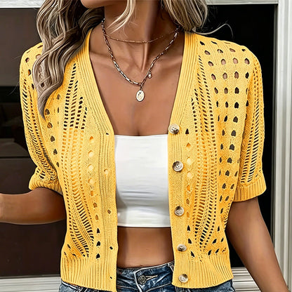 Women's Short Sleeve Hollow-Out Knit Cardigan