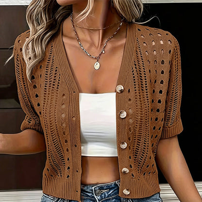 Women's Short Sleeve Hollow-Out Knit Cardigan