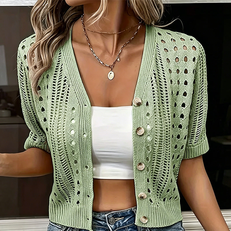 Women's Short Sleeve Hollow-Out Knit Cardigan