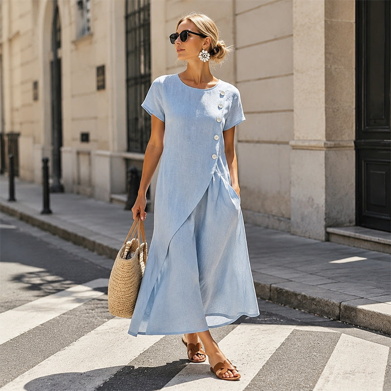 Women’s Summer Round Neck Elegant Solid Color Dress