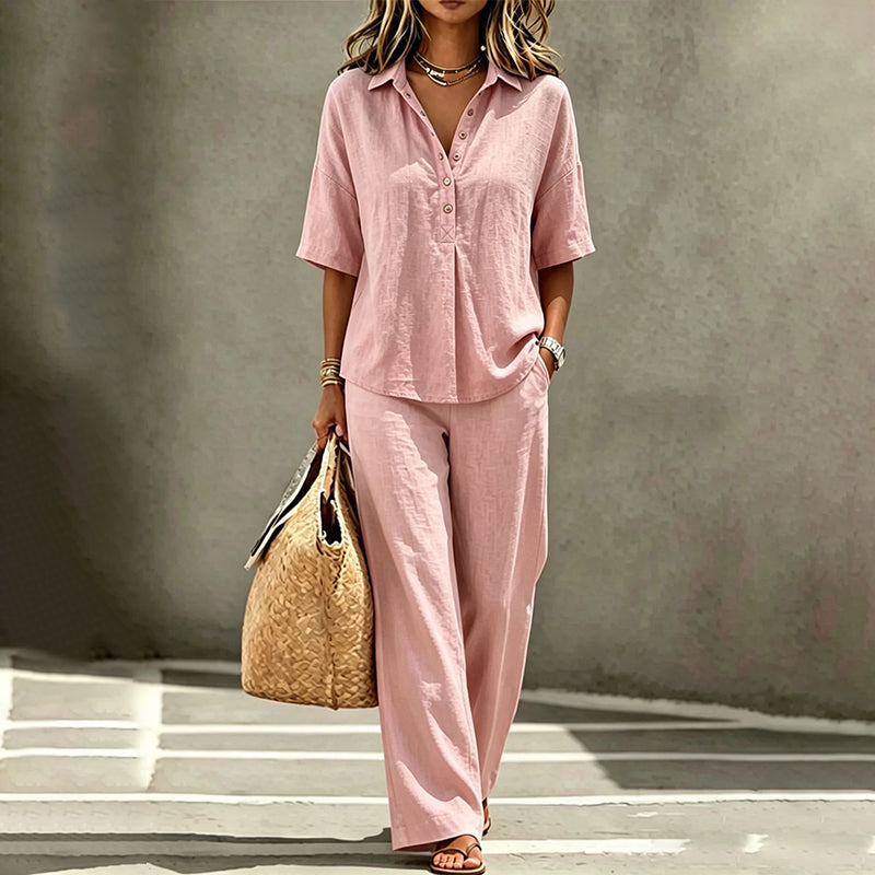 Women's Button-Up Top & Wide-Leg Pants Set