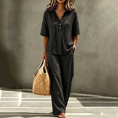 Women's Button-Up Top & Wide-Leg Pants Set