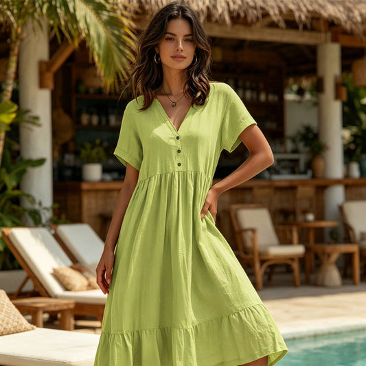 Women's V-Neck Short Sleeve Ruffled Midi Dress
