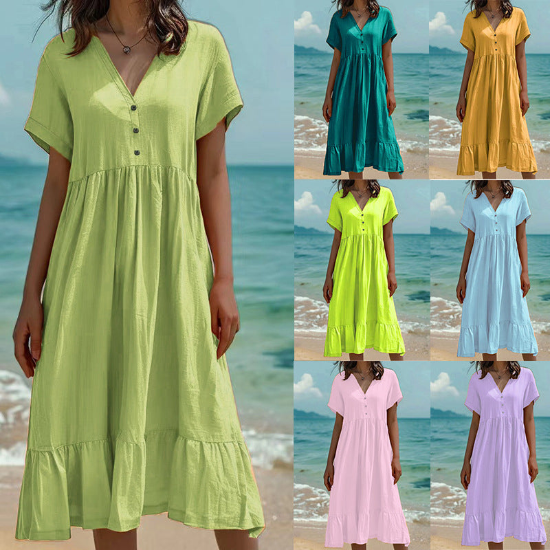 Women's V-Neck Short Sleeve Ruffled Midi Dress