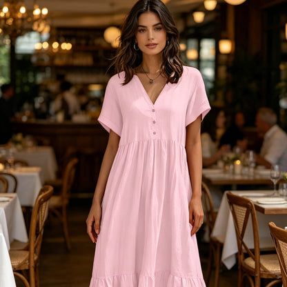 Women's V-Neck Short Sleeve Ruffled Midi Dress