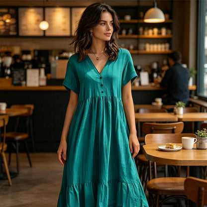 Women's V-Neck Short Sleeve Ruffled Midi Dress