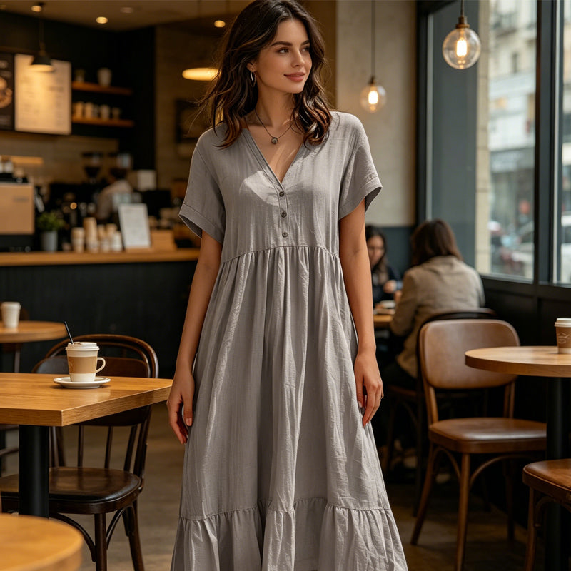 Women's V-Neck Short Sleeve Ruffled Midi Dress