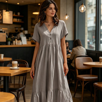 Women's V-Neck Short Sleeve Ruffled Midi Dress