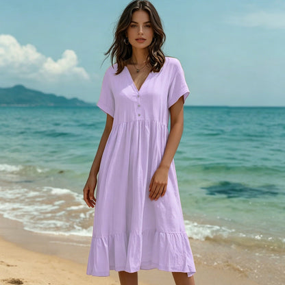 Women's V-Neck Short Sleeve Ruffled Midi Dress