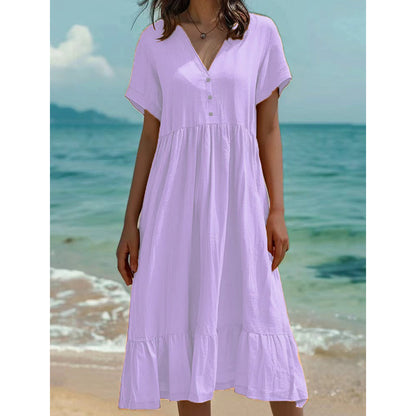Women's V-Neck Short Sleeve Ruffled Midi Dress
