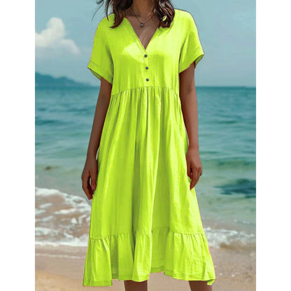Women's V-Neck Short Sleeve Ruffled Midi Dress