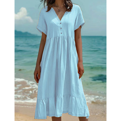 Women's V-Neck Short Sleeve Ruffled Midi Dress