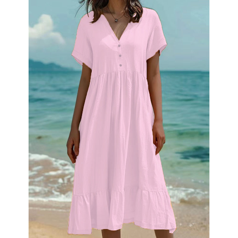 Women's V-Neck Short Sleeve Ruffled Midi Dress