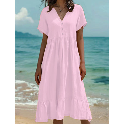 Women's V-Neck Short Sleeve Ruffled Midi Dress