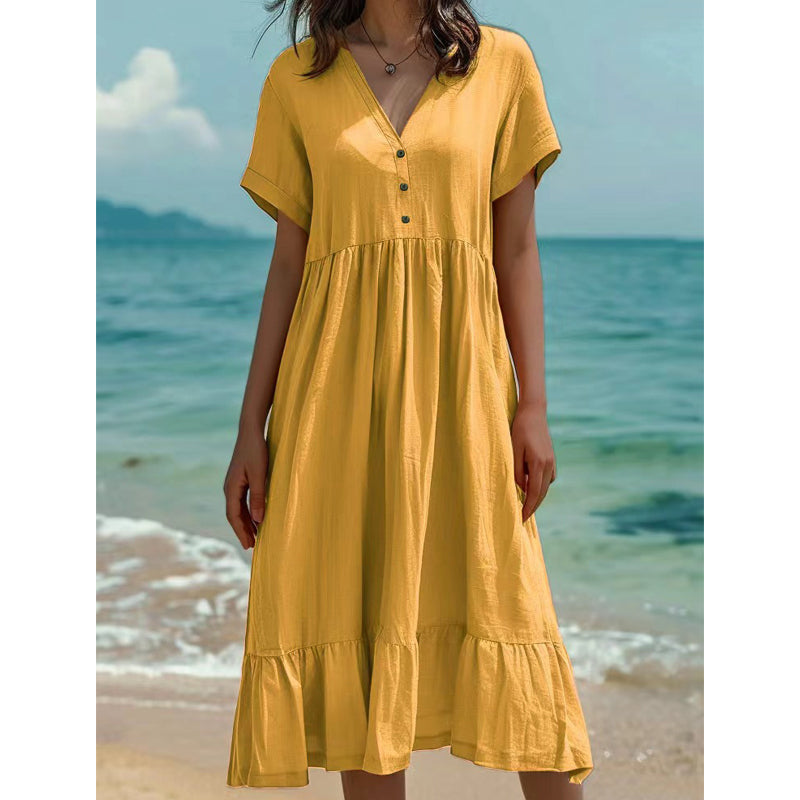 Women's V-Neck Short Sleeve Ruffled Midi Dress