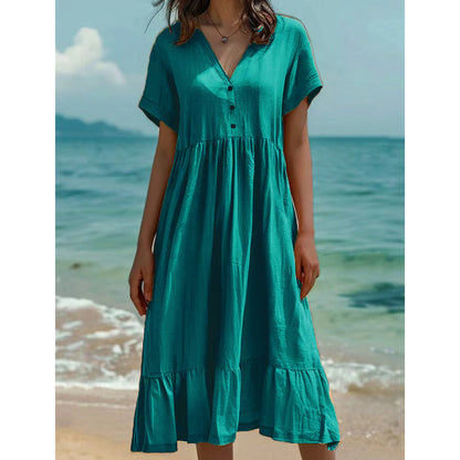 Women's V-Neck Short Sleeve Ruffled Midi Dress
