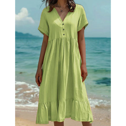 Women's V-Neck Short Sleeve Ruffled Midi Dress