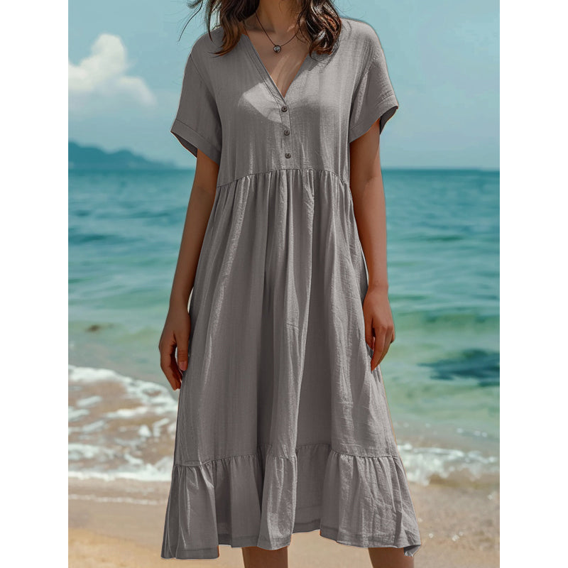 Women's V-Neck Short Sleeve Ruffled Midi Dress