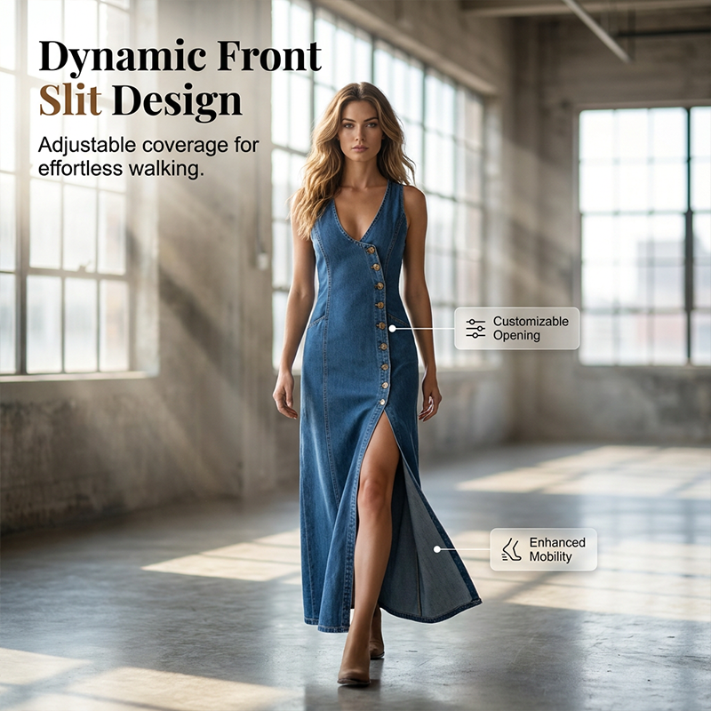 Sleeveless V-Neck Button-Front Denim Maxi Dress