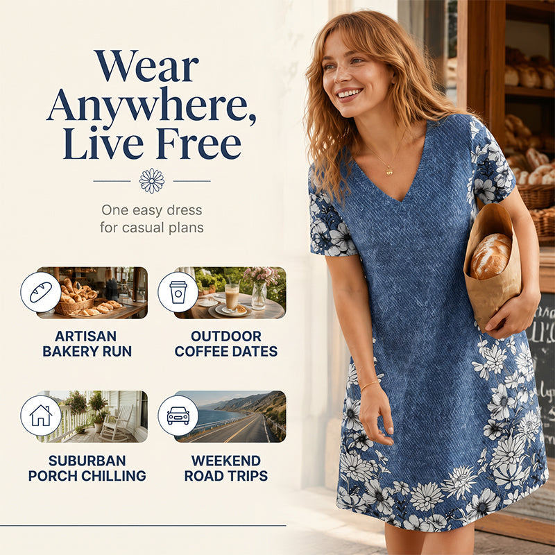 Women's V-Neck Denim Print Dress