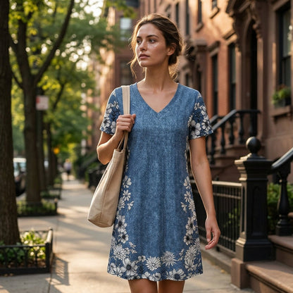 Women's V-Neck Denim Print Dress