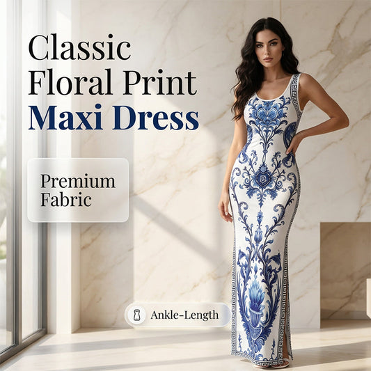 👗 LIMITED-TIME 50% OFF! ✨ Women's Classic Floral Print Maxi Dress – Bodycon, Side Slit, Porcelain Pattern 💙