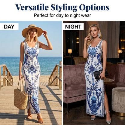 👗 LIMITED-TIME 50% OFF! ✨ Women's Classic Floral Print Maxi Dress – Bodycon, Side Slit, Porcelain Pattern 💙