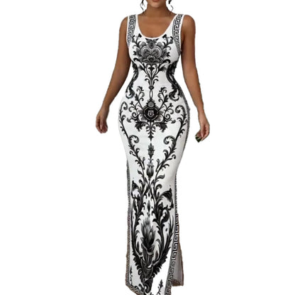 👗 LIMITED-TIME 50% OFF! ✨ Women's Classic Floral Print Maxi Dress – Bodycon, Side Slit, Porcelain Pattern 💙