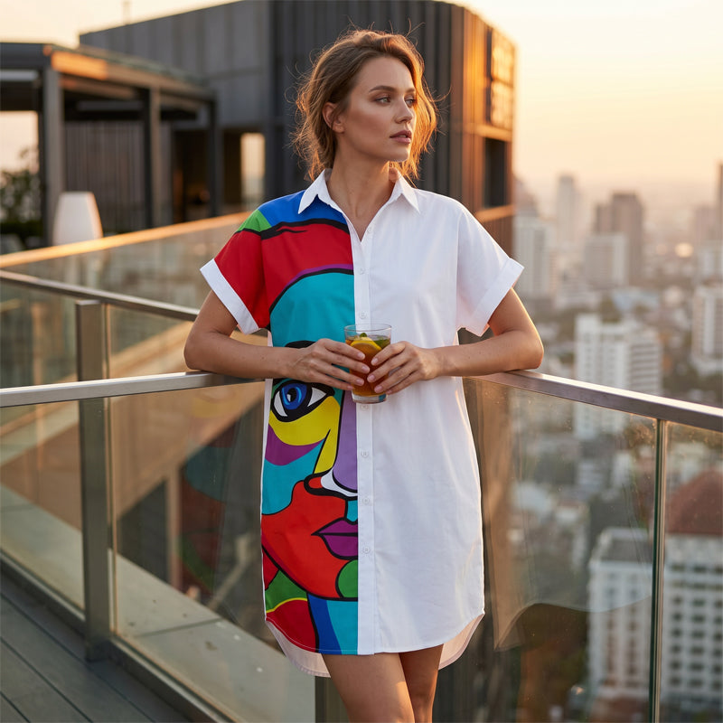 Women's Artistic Portrait Printed Shirt Dress