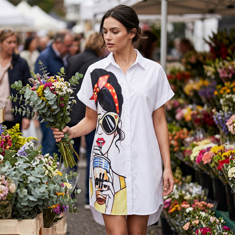 Women's Artistic Portrait Printed Shirt Dress