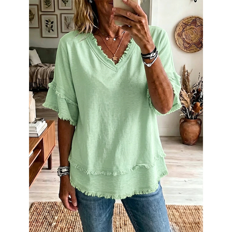 💖Women's Boho V-Neck T-Shirt with Frayed Edges 🌿 – Loose Fit, Breathable Summer Top in Soft Cotton👚
