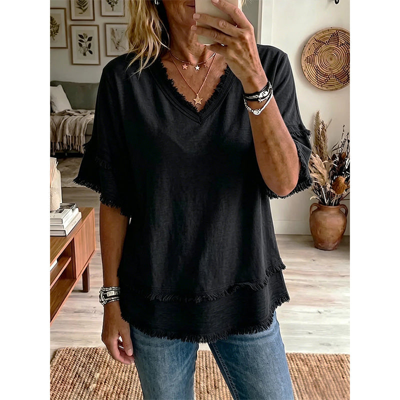 💖Women's Boho V-Neck T-Shirt with Frayed Edges 🌿 – Loose Fit, Breathable Summer Top in Soft Cotton👚