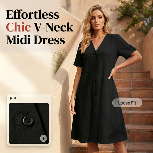 Women's Short Sleeve V-Neck Button-Front Midi Dress