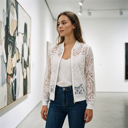 Women's Elegant Floral Lace Bomber Jacket