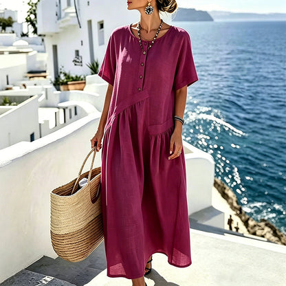 Women's Button-Front Short Sleeve Maxi Dress