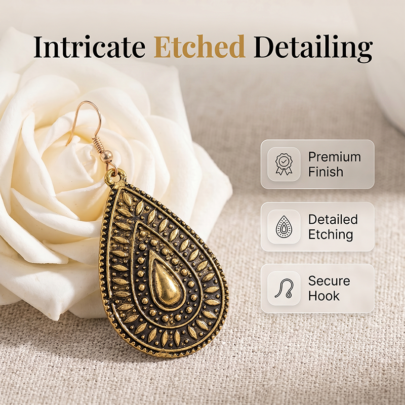 Vintage Etched Teardrop Hook Earrings for Women