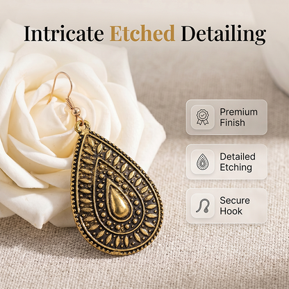 Vintage Etched Teardrop Hook Earrings for Women