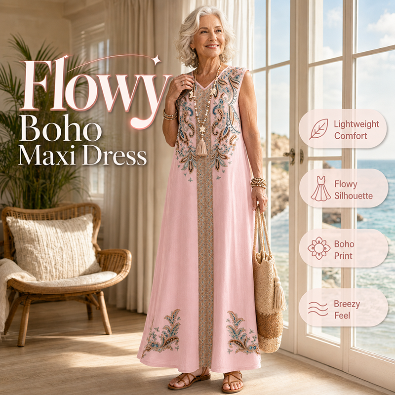 🎐 Boho Printed Flowy Maxi Dress✨ Match with woven wide-brim sun hats and flat beach sandals for relaxed resort boho styling! ✨