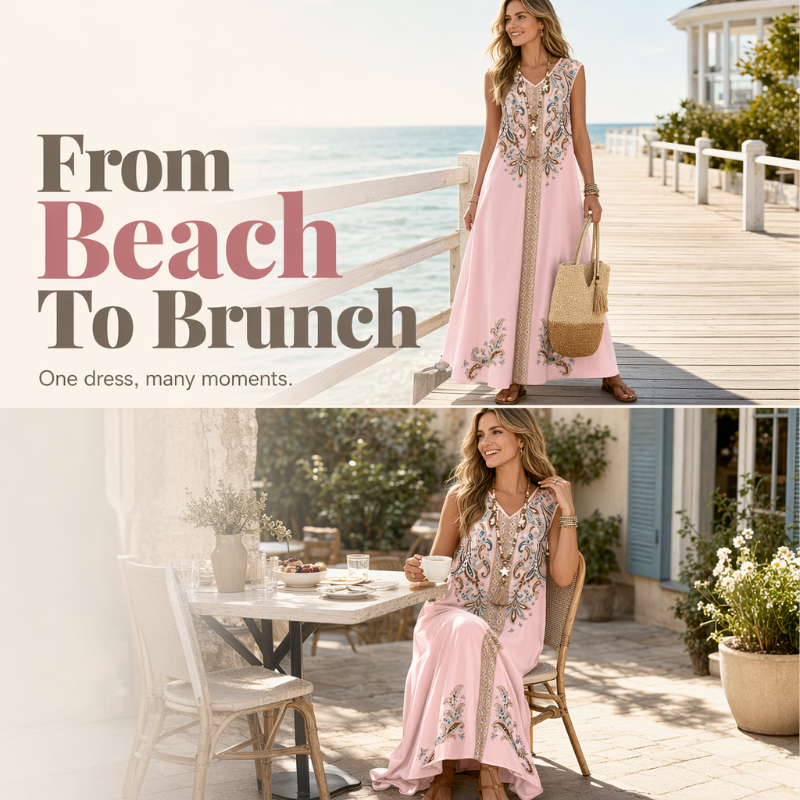 🎐 Boho Printed Flowy Maxi Dress✨ Match with woven wide-brim sun hats and flat beach sandals for relaxed resort boho styling! ✨