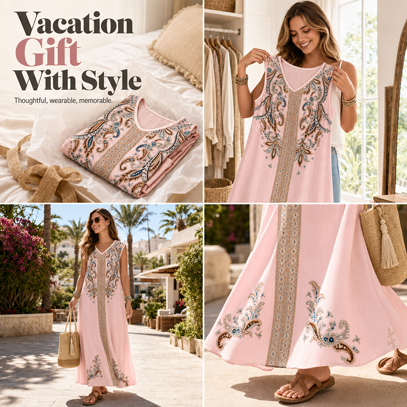 🎐 Boho Printed Flowy Maxi Dress✨ Match with woven wide-brim sun hats and flat beach sandals for relaxed resort boho styling! ✨