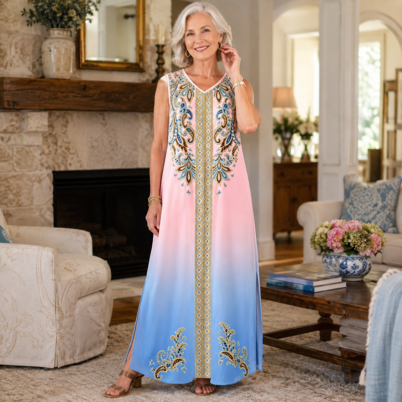 🎐 Boho Printed Flowy Maxi Dress✨ Match with woven wide-brim sun hats and flat beach sandals for relaxed resort boho styling! ✨