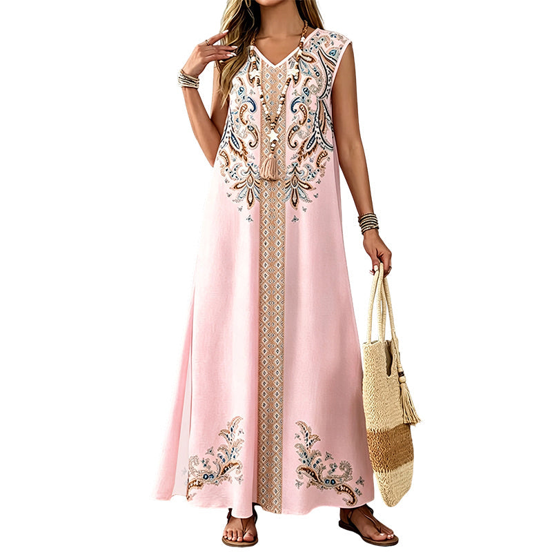🎐 Boho Printed Flowy Maxi Dress✨ Match with woven wide-brim sun hats and flat beach sandals for relaxed resort boho styling! ✨