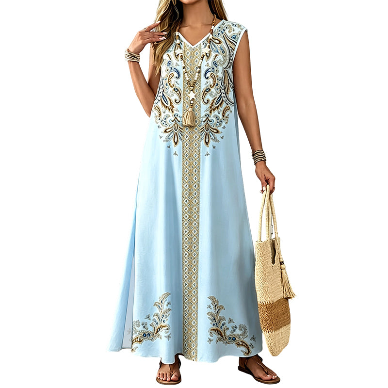 🎐 Boho Printed Flowy Maxi Dress✨ Match with woven wide-brim sun hats and flat beach sandals for relaxed resort boho styling! ✨