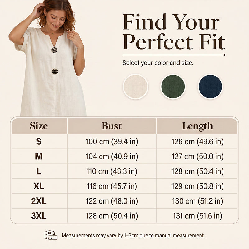 🌿 Summer Midi Dress with V-Neck & Decorative Buttons – Light Linen Material, Short Flared Sleeves – Simple Elegance for the Woman with Taste ✨