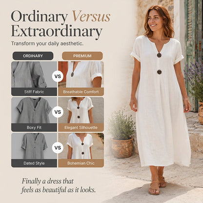 🌿 Summer Midi Dress with V-Neck & Decorative Buttons – Light Linen Material, Short Flared Sleeves – Simple Elegance for the Woman with Taste ✨