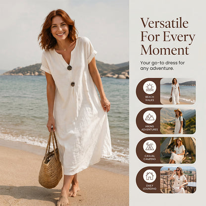 🌿 Summer Midi Dress with V-Neck & Decorative Buttons – Light Linen Material, Short Flared Sleeves – Simple Elegance for the Woman with Taste ✨