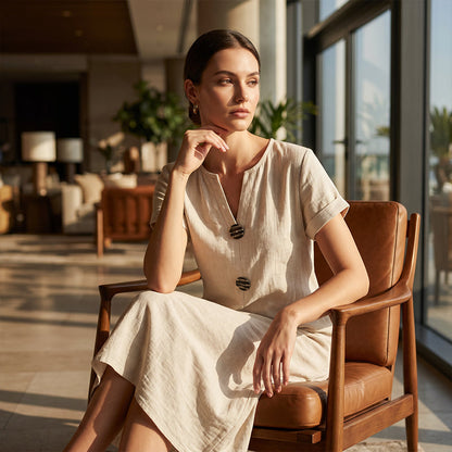 🌿 Summer Midi Dress with V-Neck & Decorative Buttons – Light Linen Material, Short Flared Sleeves – Simple Elegance for the Woman with Taste ✨